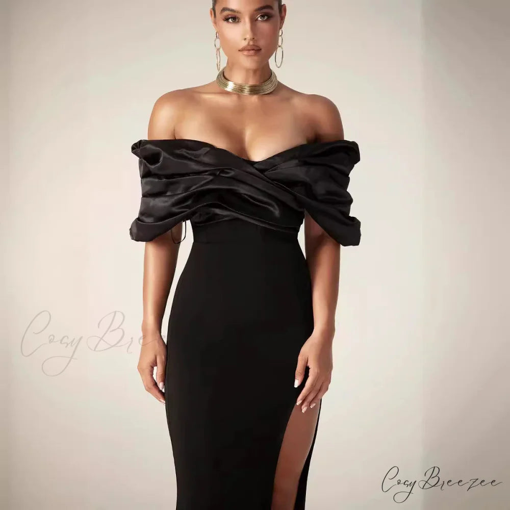 Off-Shoulder Ruched Slit Prom Dress promdress-250223