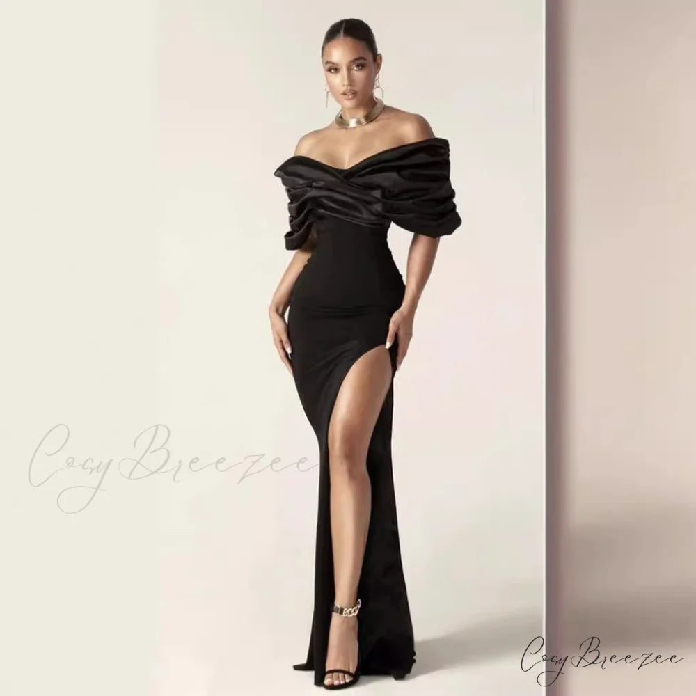 Off-Shoulder Ruched Slit Prom Dress promdress-250223