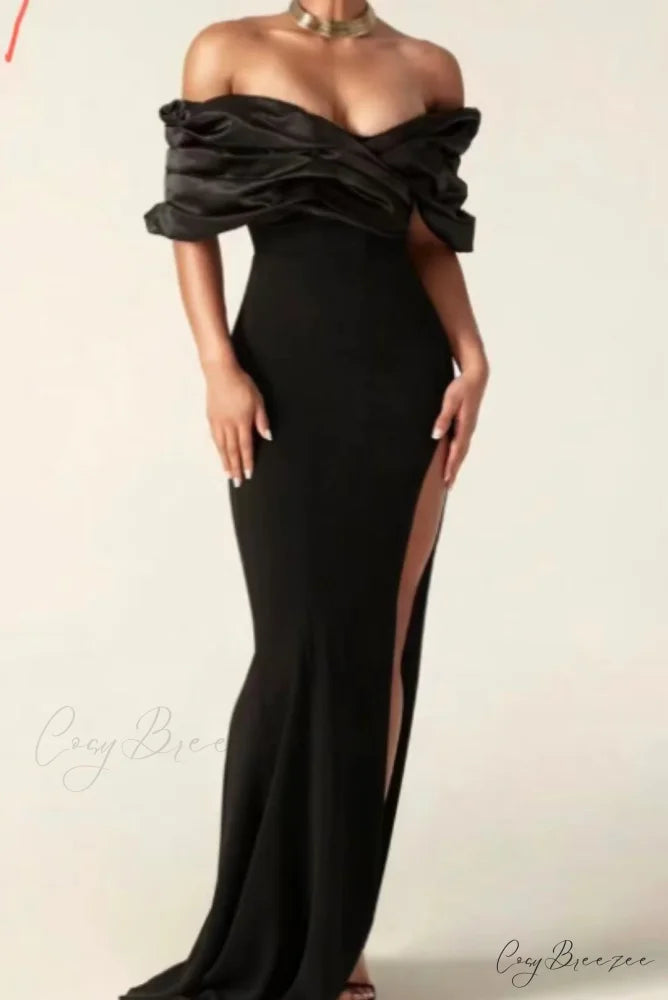Off Shoulder Ruched Slit Satin Maxi Prom Dress black / S promdress-250223
