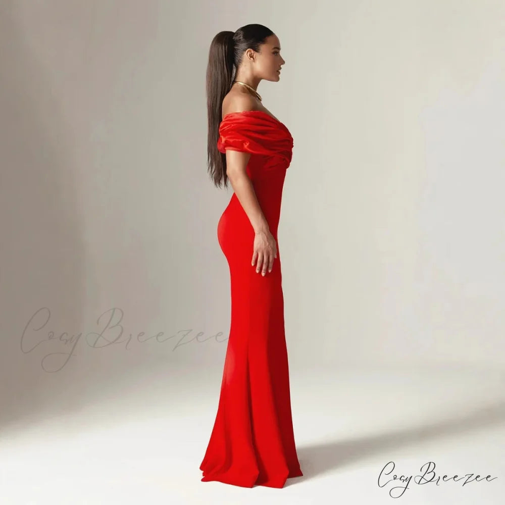 Off Shoulder Ruched Slit Satin Maxi Prom Dress promdress-250223