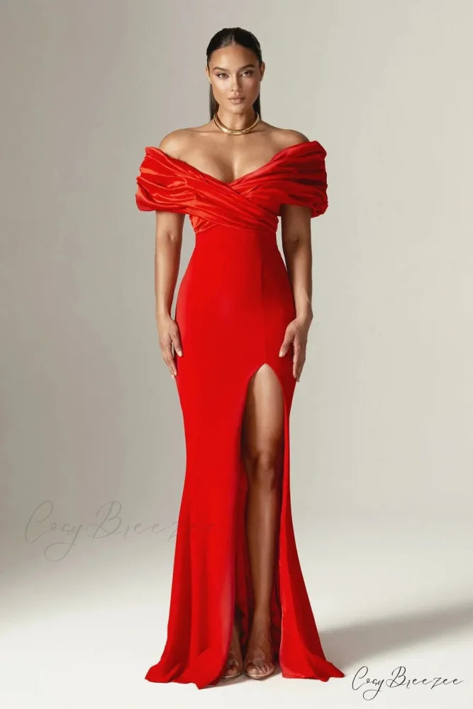 Off Shoulder Ruched Slit Satin Maxi Prom Dress red / S promdress-250223