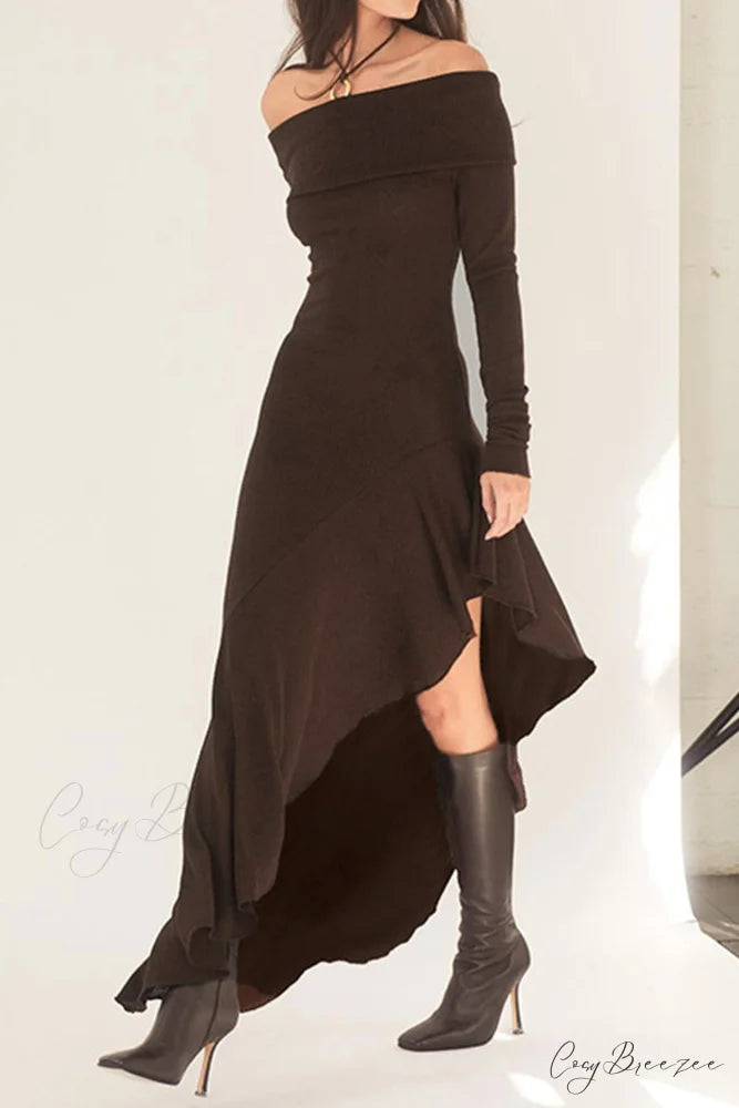 Off Shoulder Ruffle Hem Knit Dress Brown / M