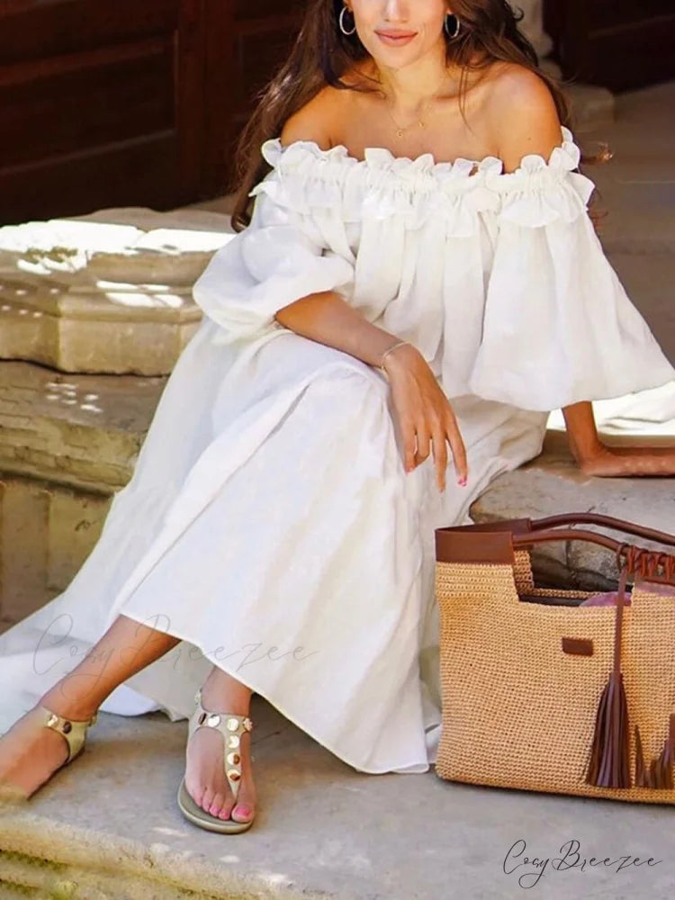 Off Shoulder Ruffle Puff Graceful Sleeve Pocketed Midi Dress White / XL