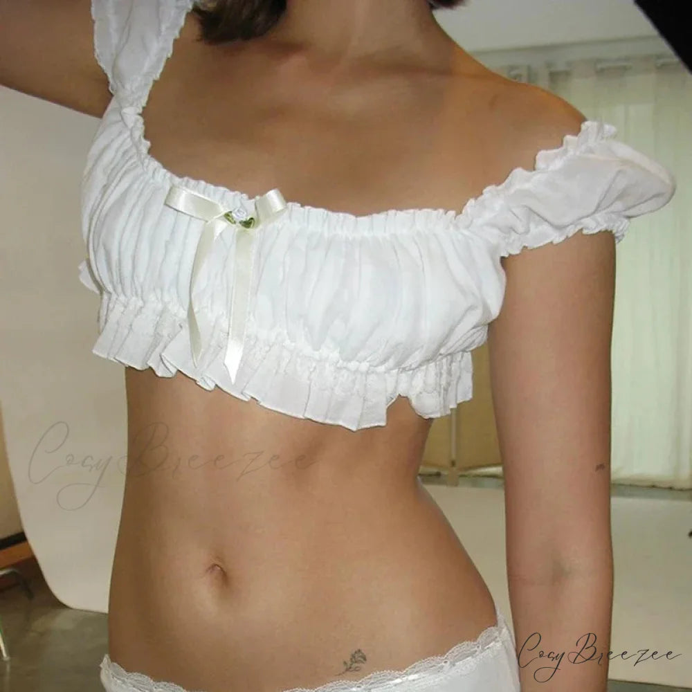 Off Shoulder Ruffle Trim Y2K Party Slim Fit Simple Fairy Aesthetic Crop Top croptop-250126