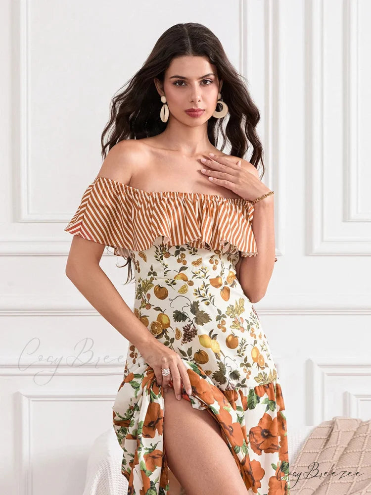 Off-Shoulder Ruffled Ruched Vintage Striped Fruit Flower Dress floraldress-250126