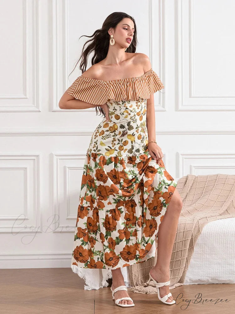 Off-Shoulder Ruffled Ruched Vintage Striped Fruit Flower Dress floraldress-250126