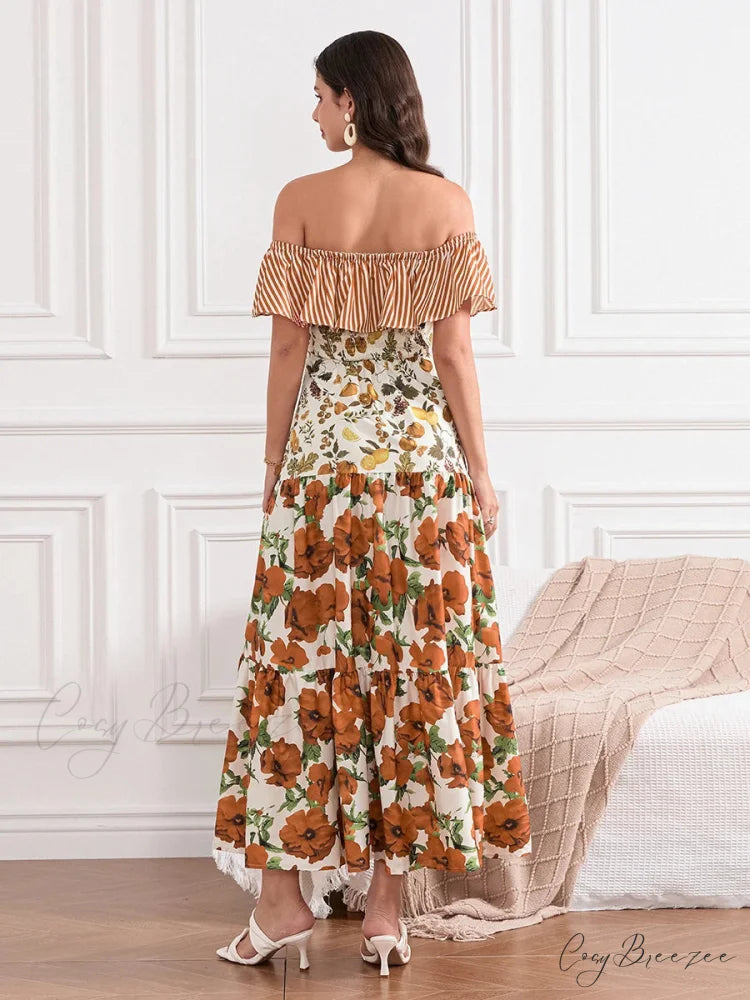 Off-Shoulder Ruffled Ruched Vintage Striped Fruit Flower Dress floraldress-250126