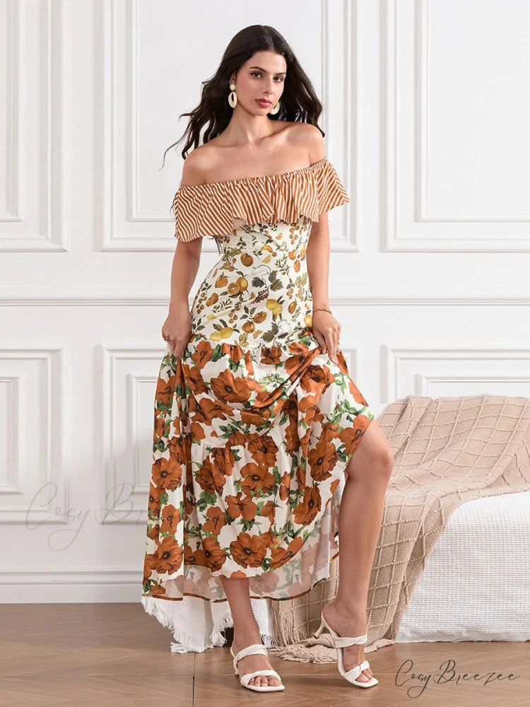 Off-Shoulder Ruffled Ruched Vintage Striped Fruit Flower Dress floraldress-250126
