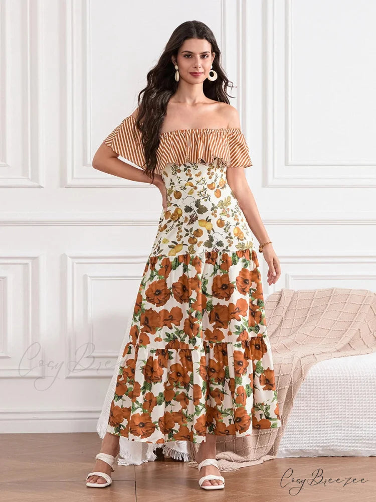 Off-Shoulder Ruffled Ruched Vintage Striped Fruit Flower Dress MULTI / S floraldress-250126