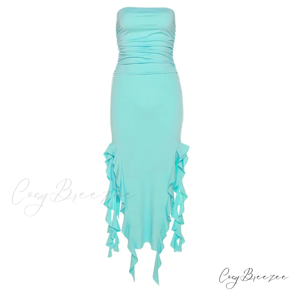 Off Shoulder Ruffles Women’s Elegant Strapless Sleeveless Slim Midi Dress 2024 Summer Fashion Evening Party Blue / S