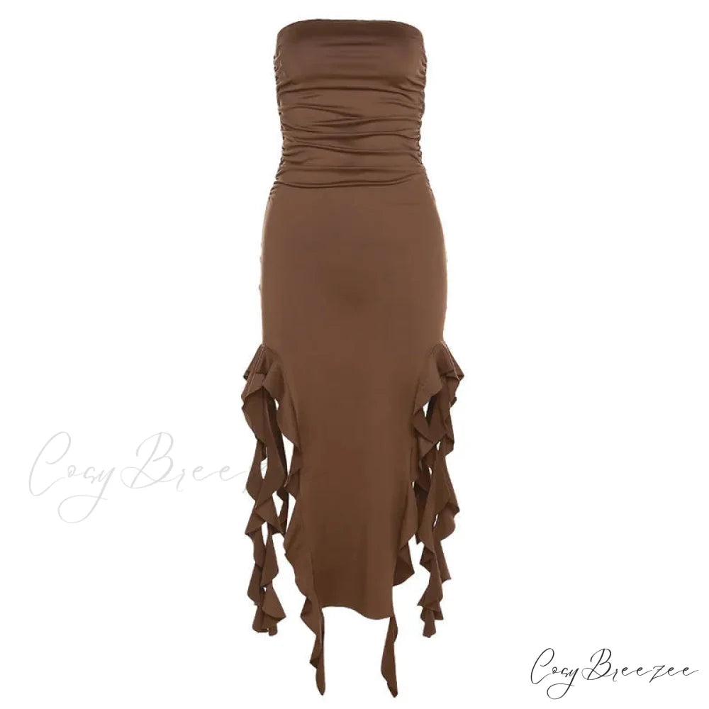Off Shoulder Ruffles Women’s Elegant Strapless Sleeveless Slim Midi Dress 2024 Summer Fashion Evening Party Brown / S