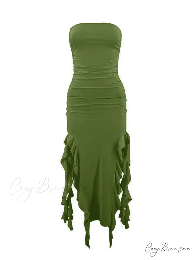 Off Shoulder Ruffles Women’s Elegant Strapless Sleeveless Slim Midi Dress 2024 Summer Fashion Evening Party Green / S