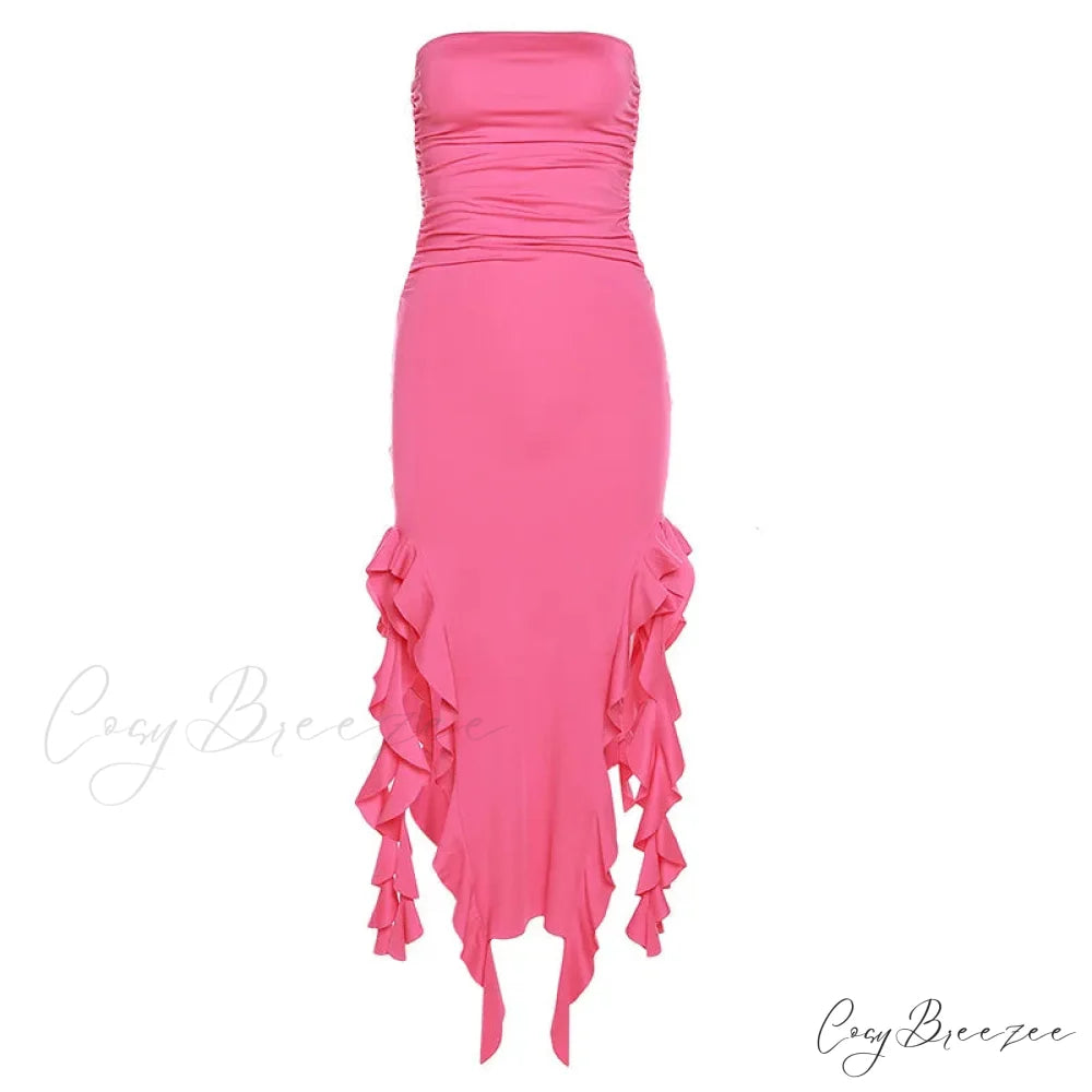 Off Shoulder Ruffles Women’s Elegant Strapless Sleeveless Slim Midi Dress 2024 Summer Fashion Evening Party Rose Red / S