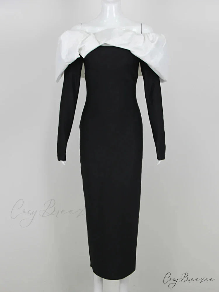 Off Shoulder Satin Charming Long SLeeve Midi Dress