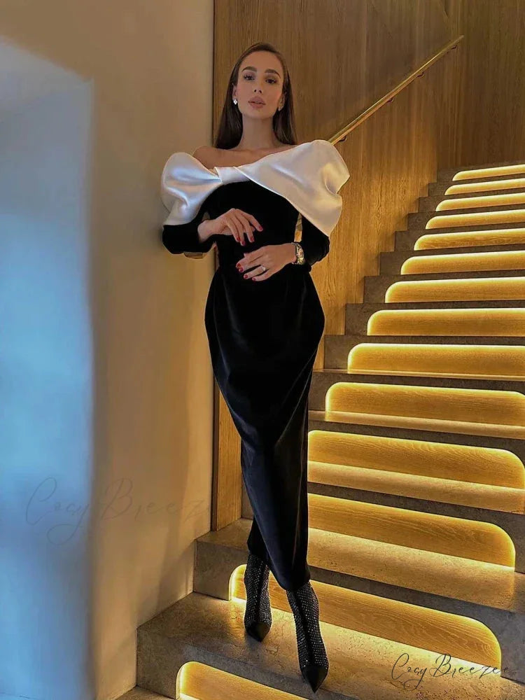 Off Shoulder Satin Charming Long SLeeve Midi Dress