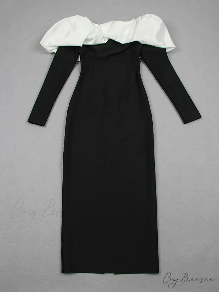 Off Shoulder Satin Charming Long SLeeve Midi Dress