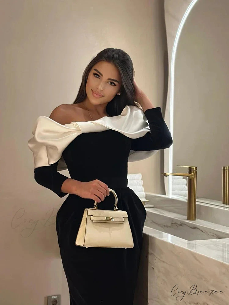 Off Shoulder Satin Charming Long SLeeve Midi Dress