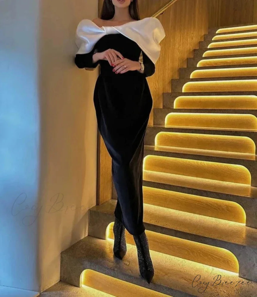 Off Shoulder Satin Charming Long SLeeve Midi Dress