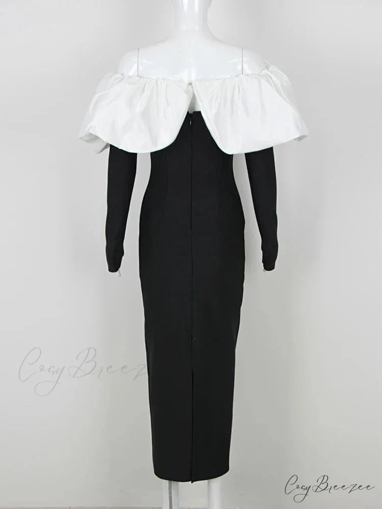 Off Shoulder Satin Charming Long SLeeve Midi Dress