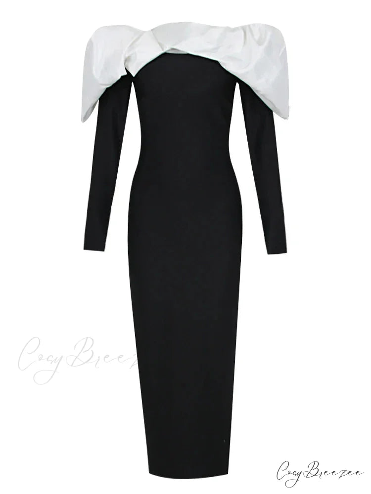Off Shoulder Satin Charming Long SLeeve Midi Dress Black / S