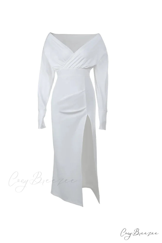 Off Shoulder Satin Dress with Gathered Silt