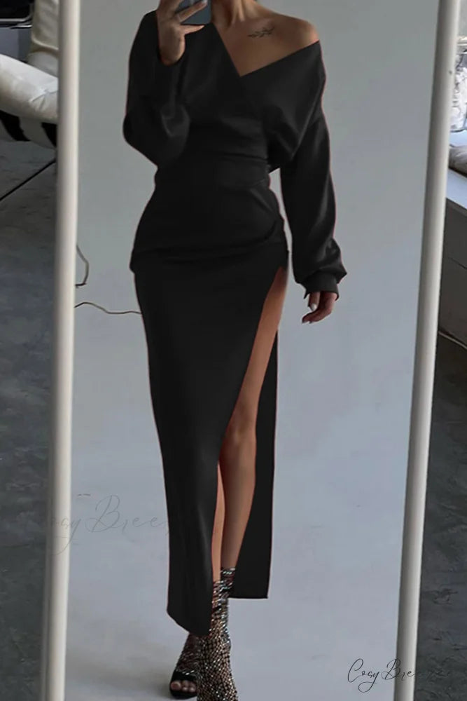 Off Shoulder Satin Dress with Gathered Silt Black / S