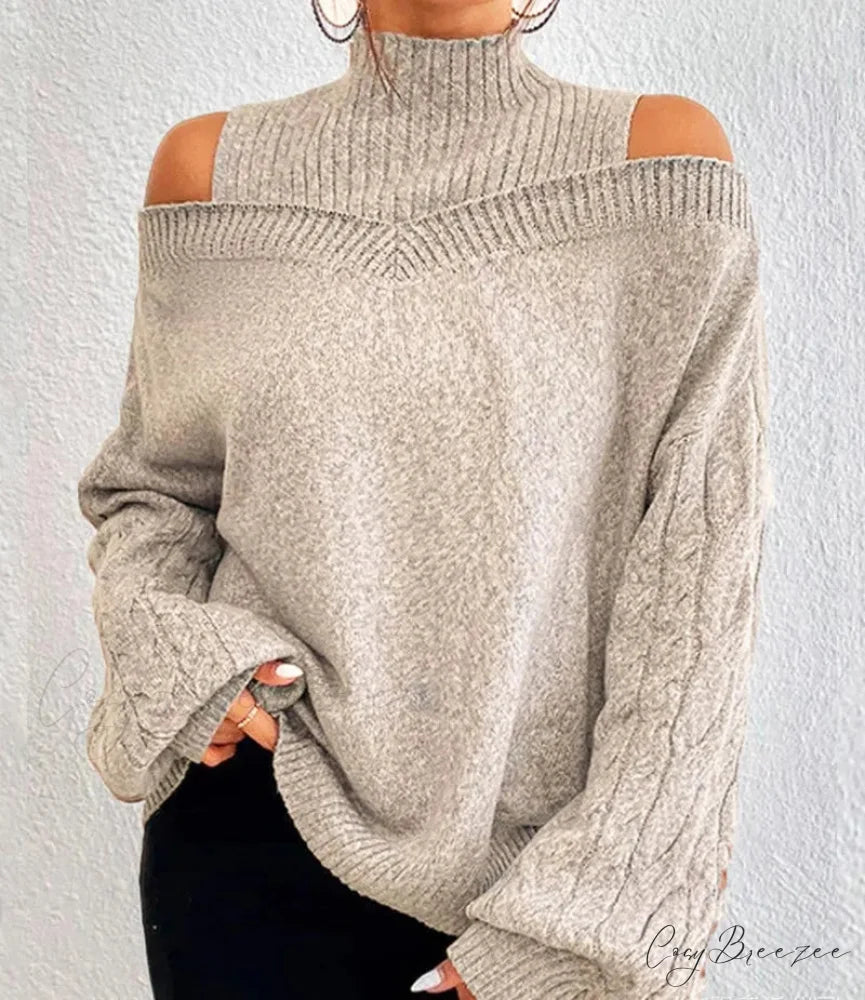Off Shoulder Semi High Neck Knit Sweater apricot / S swraters-241228