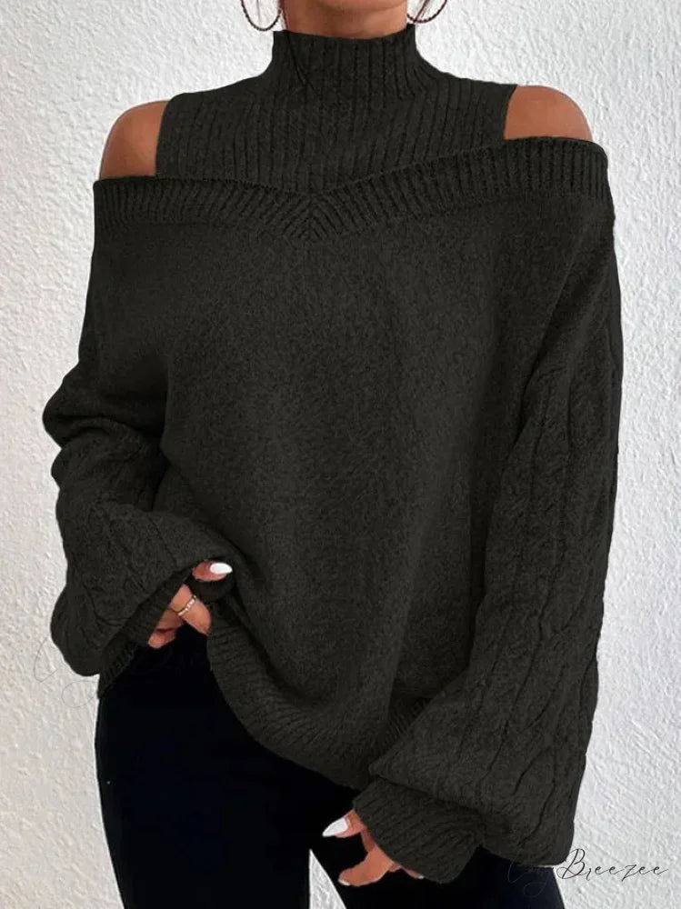 Off Shoulder Semi High Neck Knit Sweater Black / S swraters-241228