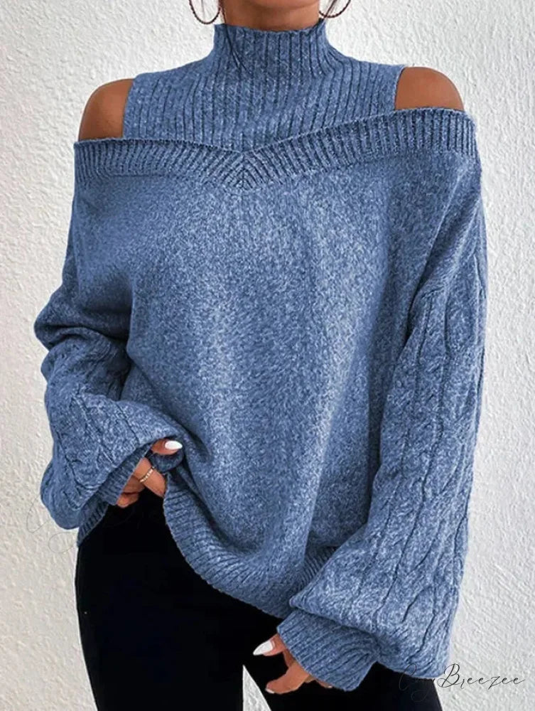 Off Shoulder Semi High Neck Knit Sweater blue / S swraters-241228