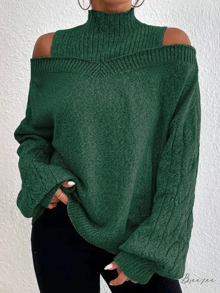 Off Shoulder Semi High Neck Knit Sweater dark green / S swraters-241228