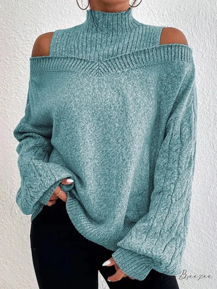 Off Shoulder Semi High Neck Knit Sweater green / S swraters-241228