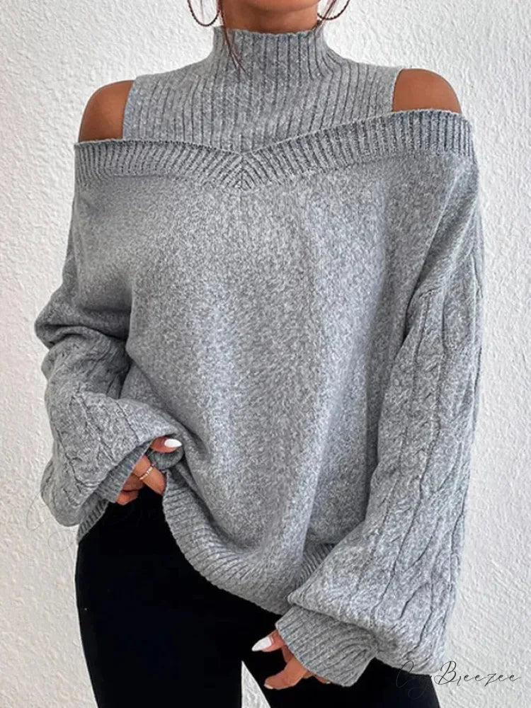 Off Shoulder Semi High Neck Knit Sweater Grey / S swraters-241228
