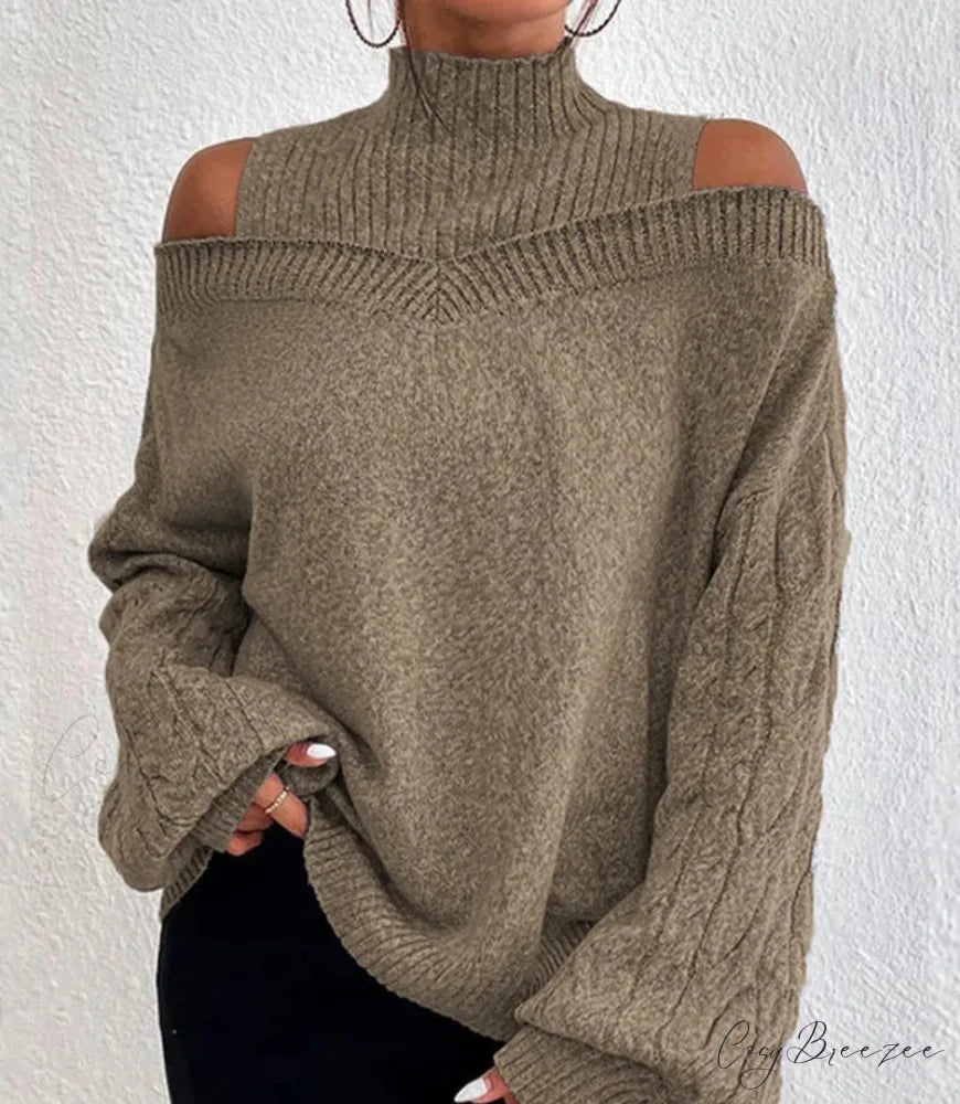 Off Shoulder Semi High Neck Knit Sweater khaki / S swraters-241228