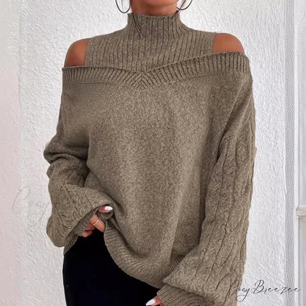 Off Shoulder Semi High Neck Knit Sweater swraters-241228