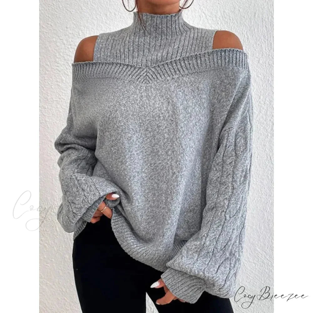 Off Shoulder Semi High Neck Knit Sweater swraters-241228