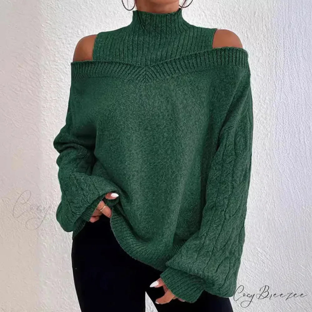 Off Shoulder Semi High Neck Knit Sweater swraters-241228