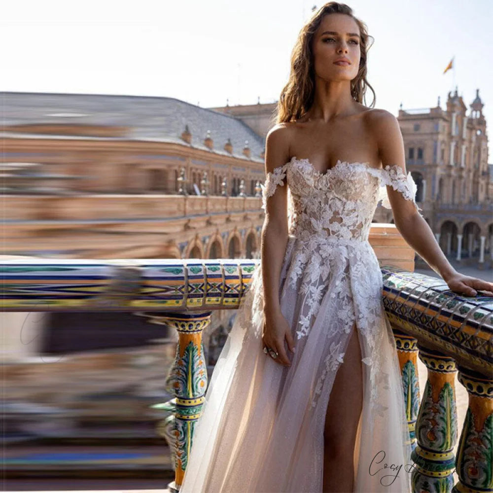 Off-Shoulder Sheer A-Line Wedding Dress weddingdress-250223