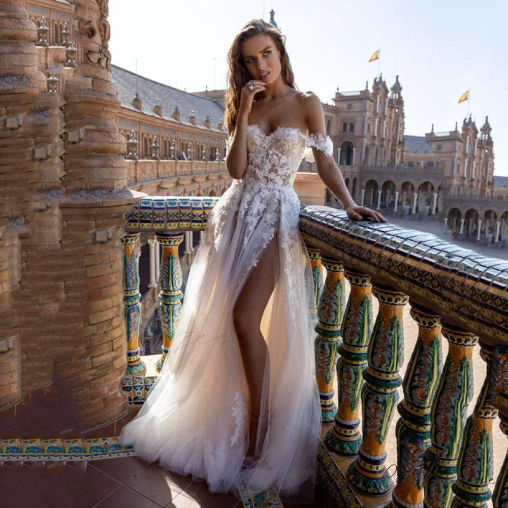 Off-Shoulder Sheer A-Line Wedding Dress White / 2 weddingdress-250223