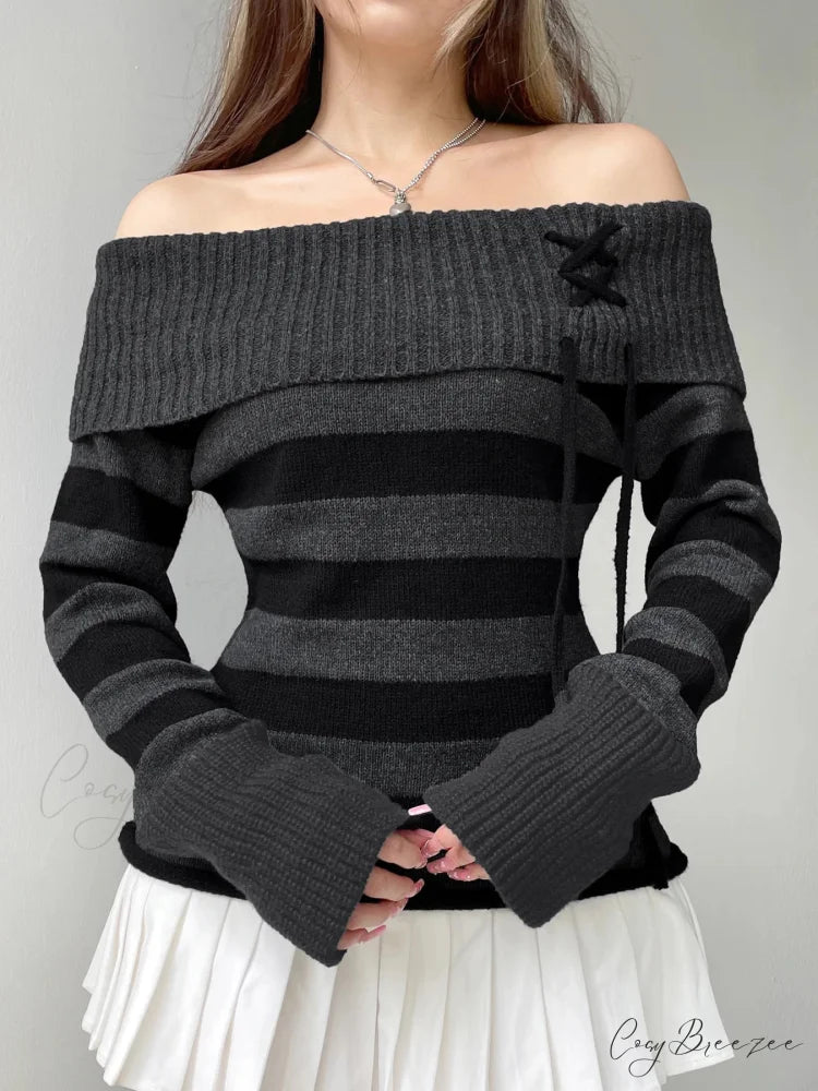 Off Shoulder Slim Knitted Striped Sweater swraters-241228