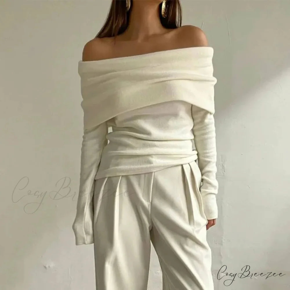 Off-Shoulder Slim Long Sleeve Pleated Sweater Apricot / S swraters-241228