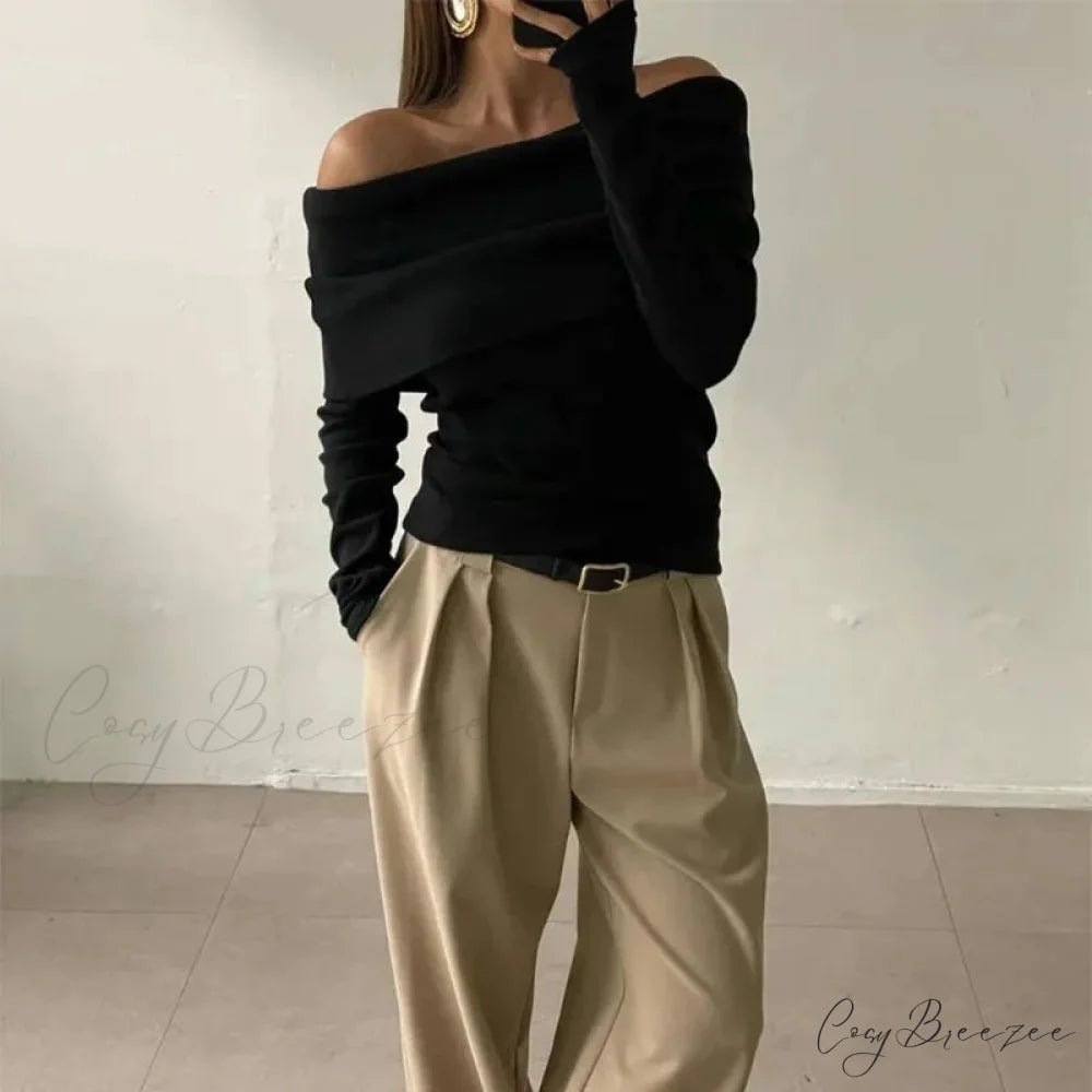 Off-Shoulder Slim Long Sleeve Pleated Sweater Black / S swraters-241228