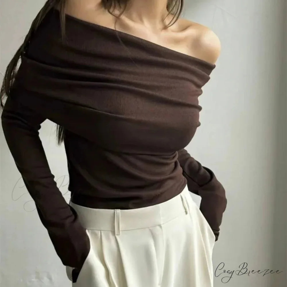 Off-Shoulder Slim Long Sleeve Pleated Sweater Brown / S swraters-241228