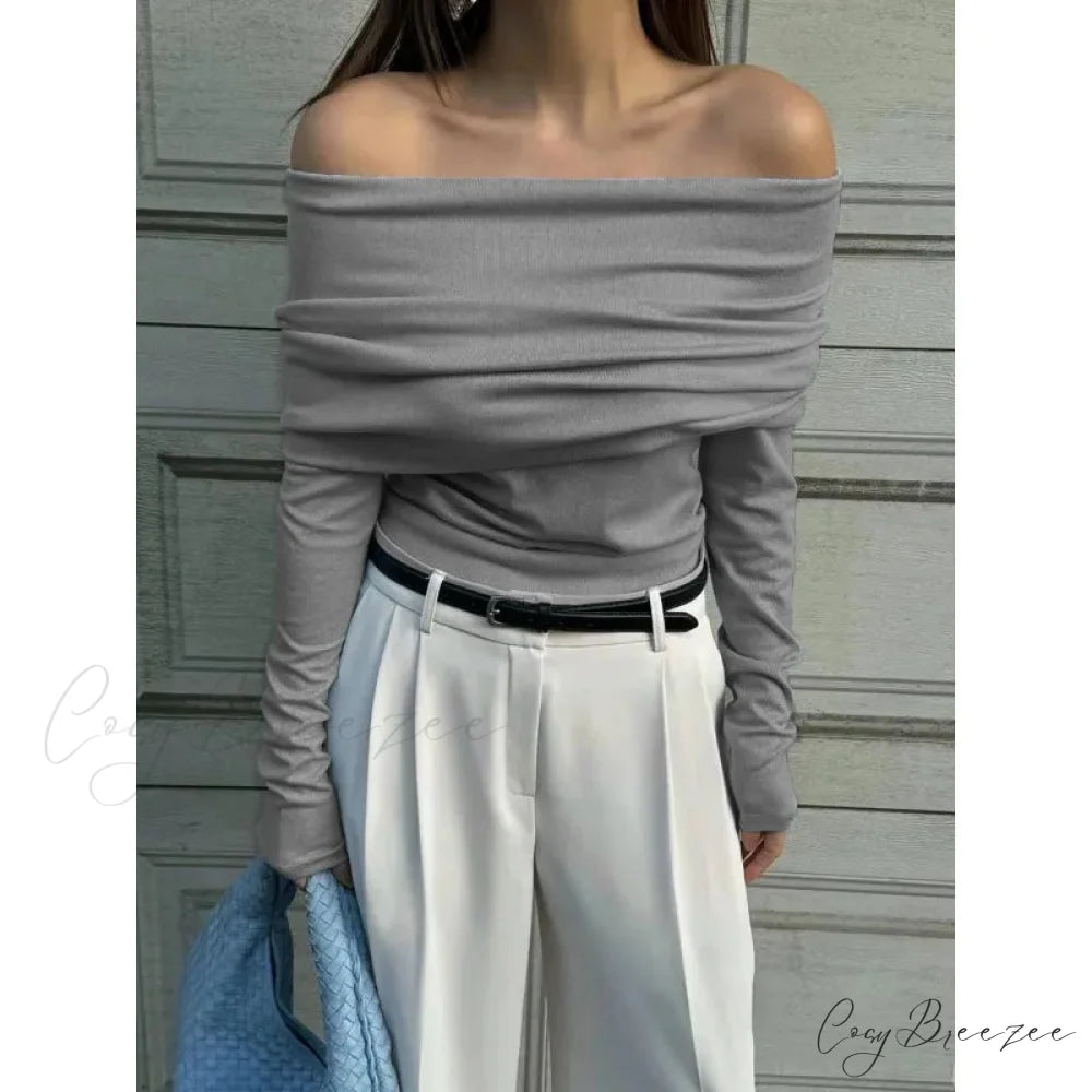 Off-Shoulder Slim Long Sleeve Pleated Sweater GRAY / S swraters-241228