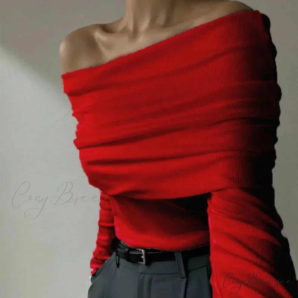 Off-Shoulder Slim Long Sleeve Pleated Sweater Red / S swraters-241228