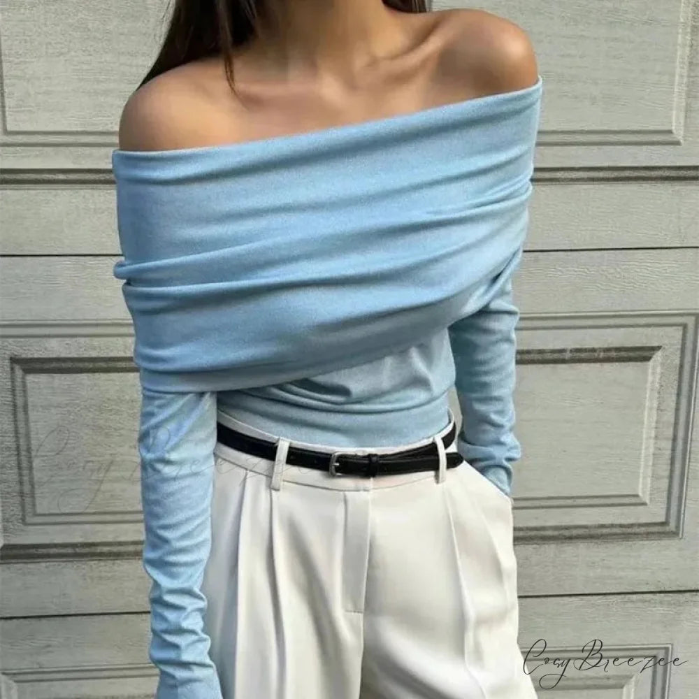 Off-Shoulder Slim Long Sleeve Pleated Sweater SKY BLUE / S swraters-241228