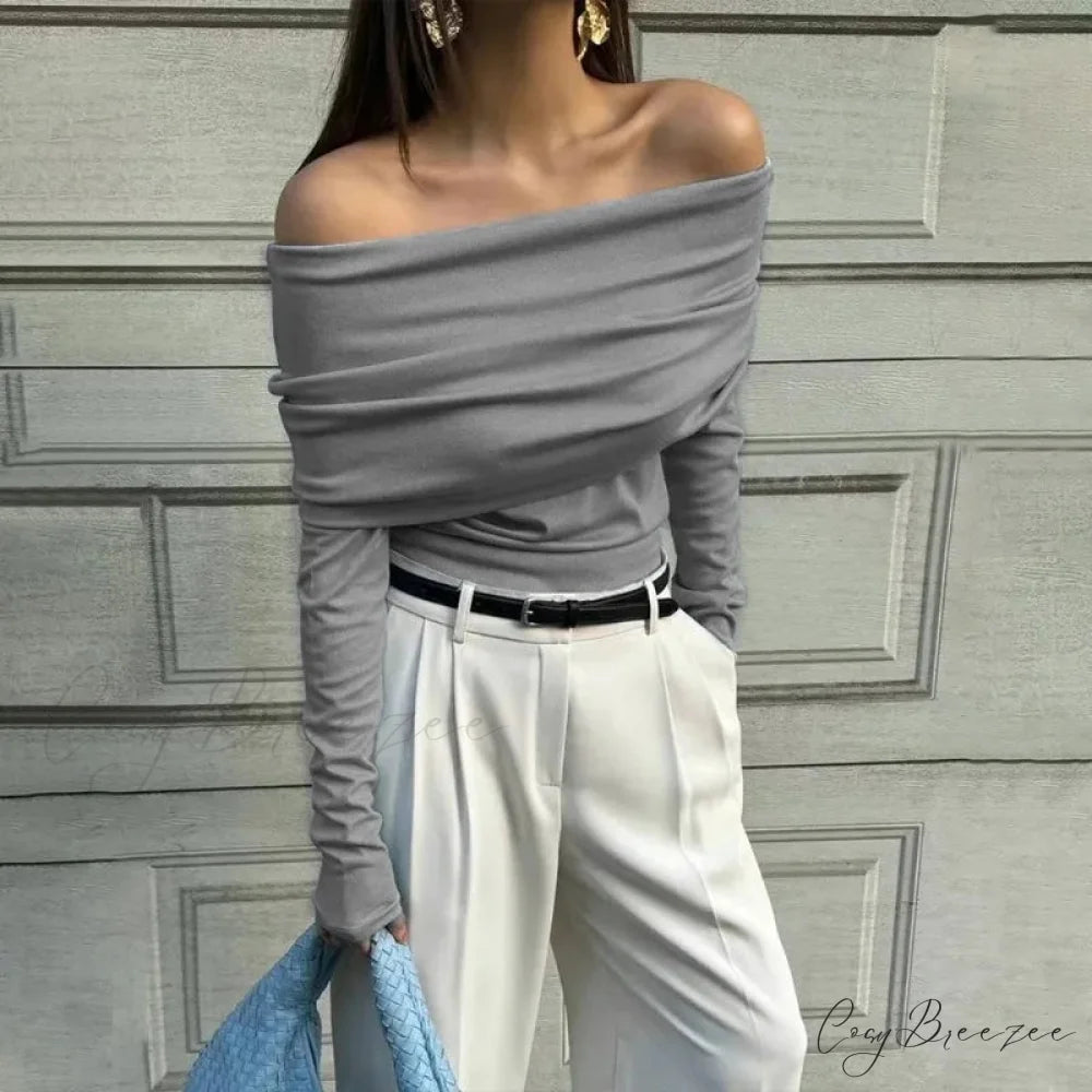 Off-Shoulder Slim Long Sleeve Pleated Sweater swraters-241228