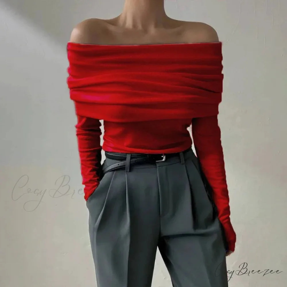 Off-Shoulder Slim Long Sleeve Pleated Sweater swraters-241228