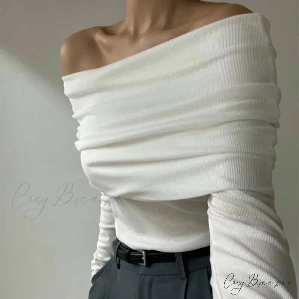 Off-Shoulder Slim Long Sleeve Pleated Sweater swraters-241228