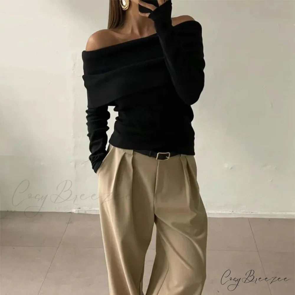 Off-Shoulder Slim Long Sleeve Pleated Sweater swraters-241228