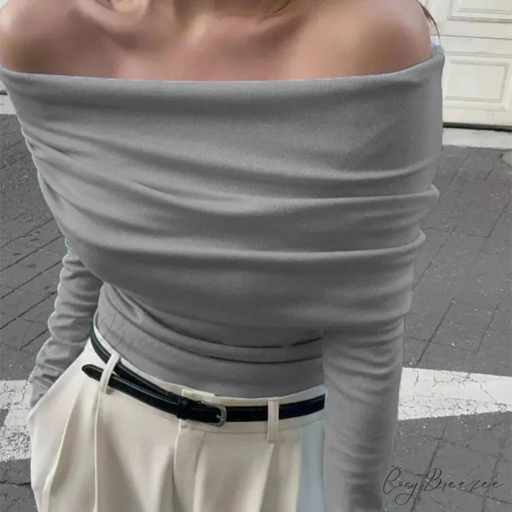 Off-Shoulder Slim Long Sleeve Pleated Sweater swraters-241228